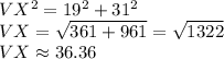 VX^{2}=19^{2}+31^{2}\\ VX=\sqrt{361+961}=\sqrt{1322}  \\VX \approx 36.36