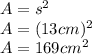 A=s^2\\A=(13cm)^2\\A=169cm^2