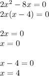 2x^2-8x= 0\\2x(x-4)=0\\\\2x = 0\\x=0\\\\x-4=0\\x=4