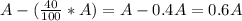 A - (\frac{40}{100} * A) = A - 0.4A = 0.6A