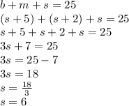 b+m+s=25\\(s+5)+(s+2)+s=25\\s+5+s+2+s=25\\3s+7=25\\3s=25-7\\3s=18\\s=\frac{18}{3}\\ s=6