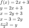 f(x)=2x+3\\y=2x+3\\x=2y+3\\x-3=2y\\\frac{x-3}{2}=y