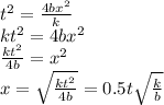 {t}^{2}  =  \frac{4b {x}^{2} }{k}  \\  k {t}^{2}  = 4b {x}^{2}  \\  \frac{k {t}^{2} }{4b}  =  {x}^{2}  \\ x =  \sqrt{ \frac{k {t}^{2} }{4b} }  =  0.5t   \sqrt{ \frac{k}{b} }
