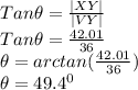 Tan \theta=\frac{|XY|}{|VY|} \\Tan \theta=\frac{42.01}{36}\\ \theta=arctan(\frac{42.01}{36})\\ \theta=49.4^0