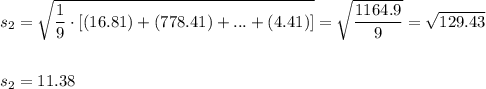 s_2=\sqrt{\dfrac{1}{9}\cdot [(16.81)+(778.41)+...+(4.41)]}=\sqrt{\dfrac{1164.9}{9}}=\sqrt{129.43}\\\\\\s_2=11.38