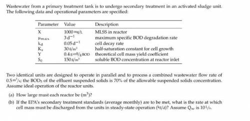 Wastewater from a primary treatment tank is to undergo secondary treatment in an activated sludge un
