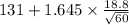 131+1.645 \times {\frac{18.8}{\sqrt{60} } }