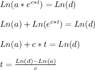 Ln(a*e^{c*t}) = Ln(d)\\\\Ln(a) + Ln(e^{c*t}) = Ln(d)\\\\Ln(a) + c*t = Ln(d)\\\\t = \frac{Ln(d) - Ln(a)}{c}