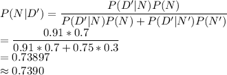 P(N|D')=\dfrac{P(D'|N)P(N)}{P(D'|N)P(N)+P(D'|N')P(N')} \\=\dfrac{0.91*0.7}{0.91*0.7+0.75*0.3}\\ =0.73897\\\approx 0.7390