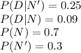 P(D|N')=0.25\\P(D|N)=0.09\\P(N)=0.7\\P(N')=0.3