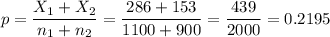 p=\dfrac{X_1+X_2}{n_1+n_2}=\dfrac{286+153}{1100+900}=\dfrac{439}{2000}=0.2195