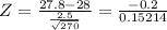 Z = \frac{27.8-28 }{\frac{2.5}{\sqrt{270} } } = \frac{-0.2}{0.15214}