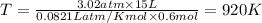 T=\frac{3.02atm\times 15L}{0.0821Latm/K mol\times 0.6mol}=920K
