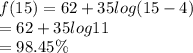 f(15)= 62 +35 log (15 -4 )\\=62+35log11\\=98.45\%