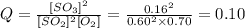 Q = \frac{[SO_3]^{2} }{[SO_2]^{2}[O_2] } = \frac{0.16^{2} }{0.60^{2}\times 0.70  } = 0.10
