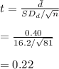 t=\frac{\bar d}{SD_{d}/\sqrt{n}}\\\\=\frac{0.40}{16.2/\sqrt{81}}\\\\=0.22