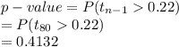 p-value=P(t_{n-1}0.22)\\=P(t_{80}0.22)\\=0.4132