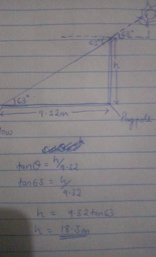 Find the height of a flagpole which cast a shadow of 9.32 m when the sun makes an angle of 63 to the