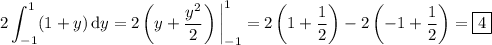 \displaystyle2\int_{-1}^1(1+y)\,\mathrm dy=2\left(y+\frac{y^2}2\right)\bigg|_{-1}^1=2\left(1+\frac12\right)-2\left(-1+\frac12\right)=\boxed{4}