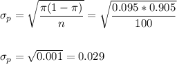 \sigma_p=\sqrt{\dfrac{\pi(1-\pi)}{n}}=\sqrt{\dfrac{0.095*0.905}{100}}\\\\\\ \sigma_p=\sqrt{0.001}=0.029