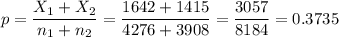 p=\dfrac{X_1+X_2}{n_1+n_2}=\dfrac{1642+1415}{4276+3908}=\dfrac{3057}{8184}=0.3735