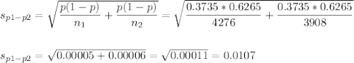 s_{p1-p2}=\sqrt{\dfrac{p(1-p)}{n_1}+\dfrac{p(1-p)}{n_2}}=\sqrt{\dfrac{0.3735*0.6265}{4276}+\dfrac{0.3735*0.6265}{3908}}\\\\\\s_{p1-p2}=\sqrt{0.00005+0.00006}=\sqrt{0.00011}=0.0107