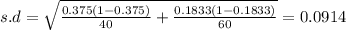 s.d = \sqrt{\frac{0.375(1 - 0.375)}{40} + \frac{0.1833(1 - 0.1833)}{60}}= 0.0914