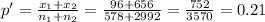 p'= \frac{x_1+x_2}{n_1+n_2}= \frac{96+656}{578+2992}= \frac{752}{3570} = 0.21