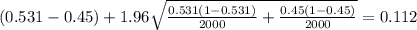 (0.531-0.45) + 1.96 \sqrt{\frac{0.531(1-0.531)}{2000} +\frac{0.45(1-0.45)}{2000}}=0.112