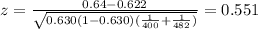z=\frac{0.64-0.622}{\sqrt{0.630(1-0.630)(\frac{1}{400}+\frac{1}{482})}}=0.551
