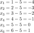 x_{1} = 1 - 5 =-4\\x_{2} = 2 - 5 =-3\\x_{3} = 3 - 5 =-2\\x_{4} = 4 - 5 =-1\\x_{5} = 5 - 5 = 0\\x_{6} = 6 - 5 =1\\