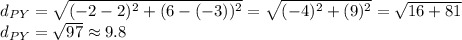 d_{PY} =\sqrt{(-2-2)^{2}+(6-(-3))^{2} }=\sqrt{(-4)^{2}+(9)^{2}} =\sqrt{16+81}\\  d_{PY} =\sqrt{97} \approx 9.8