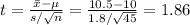 t=\frac{\bar x-\mu}{s/\sqrt{n}}=\frac{10.5-10}{1.8/\sqrt{45}}=1.86