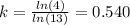 k=\frac{ln(4)}{ln(13)} =0.540