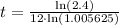 t=\frac{\text{ln}(2.4)}{12\cdot \text{ln}(1.005625)}
