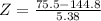 Z = \frac{75.5 - 144.8}{5.38}