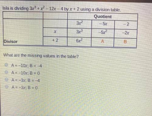 What are the missing values in the table? A = –10x; B = –4 A = –10x; B = 0 A = –3x; B = –4 A = –3x;