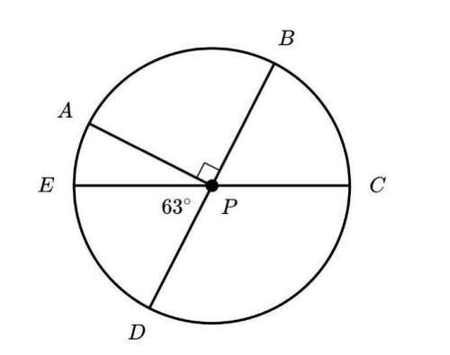 In the figure below, BD and EC are diameters of circle P. What is the arc measure of AE in degrees?