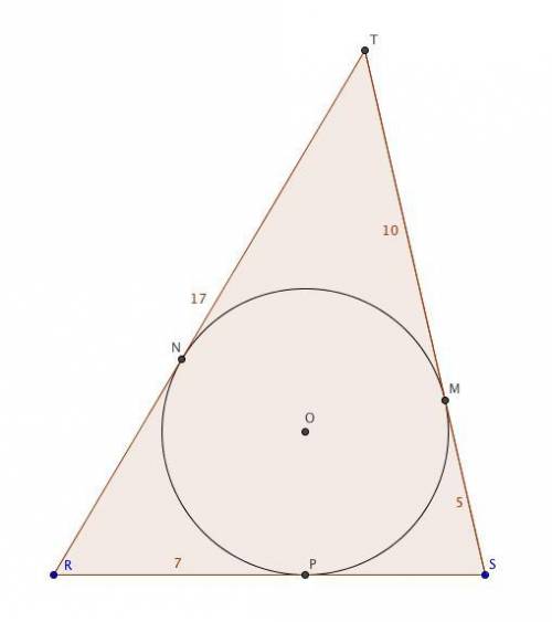 Circle o is inscribed in triangle rst such that it is tangent at points m,n, and p. if rp is 7, rt i