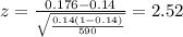 z=\frac{0.176 -0.14}{\sqrt{\frac{0.14(1-0.14)}{590}}}=2.52
