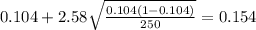 0.104 + 2.58\sqrt{\frac{0.104(1-0.104)}{250}}=0.154
