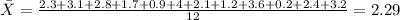 \bar X =\frac{2.3+3.1+2.8+1.7+0.9+4+2.1+1.2+3.6+0.2+2.4+3.2}{12}=2.29