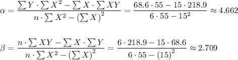 \begin{aligned} 							\alpha &= \frac{\sum{Y} \cdot \sum{X^2} - \sum{X} \cdot \sum{XY} }{n \cdot \sum{X^2} - \left(\sum{X}\right)^2} =							      \frac{ 68.6 \cdot 55 - 15 \cdot 218.9}{ 6 \cdot 55 - 15^2} \approx 4.662 \\ \\\beta &= \frac{ n \cdot \sum{XY} - \sum{X} \cdot \sum{Y}}{n \cdot \sum{X^2} - \left(\sum{X}\right)^2} 							= \frac{ 6 \cdot 218.9 - 15 \cdot 68.6 }{ 6 \cdot 55 - \left( 15 \right)^2} \approx 2.709\end{aligned}