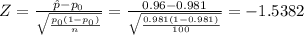 Z=\frac{\hat p-p_{0}}{\sqrt{\frac{p_{0}(1-p_{0})}{n}}}=\frac{0.96-0.981}{\sqrt{\frac{0.981(1-0.981)}{100}}}=-1.5382