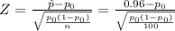 Z=\frac{\hat p-p_{0}}{\sqrt{\frac{p_{0}(1-p_{0})}{n}}}=\frac{0.96-p_{0}}{\sqrt{\frac{p_{0}(1-p_{0})}{100}}}