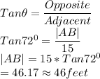 Tan \theta =\dfrac{Opposite}{Adjacent} \\Tan 72^0 =\dfrac{|AB|}{15} \\|AB|=15*Tan 72^0\\=46.17 \approx 46 feet
