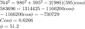 764^2 = 980^2+595^2-2(980)(595)cos\phi\\583696 = 1314425-1166200cos\phi\\-1166200cos\phi = -730729\\Cos\phi = 0.6266\\\phi = 51.2