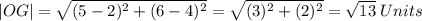 |OG|=\sqrt{(5-2)^2+(6-4)^2}=\sqrt{(3)^2+(2)^2}=\sqrt{13}\:Units