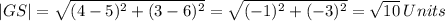 |GS|=\sqrt{(4-5)^2+(3-6)^2}=\sqrt{(-1)^2+(-3)^2}=\sqrt{10}\:Units