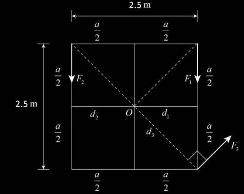 A square metal plate 2.5m on each side is pivoted about an axis though point O at its center and per